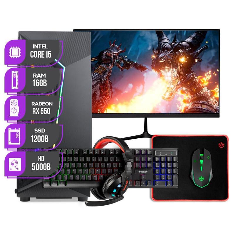 Imagem do produto PC Gamer Completo Mancer Intel i5 RX550 16GB RAM SSD 120GB HD 500GB + Combo Periférico + Monitor 21" em Magazine Luiza